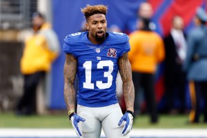 EAST RUTHERFORD, NJ - DECEMBER 28: Odell Beckham #13 of the New York Giants reacts against the Philadelphia Eagles during a game at MetLife Stadium on December 28, 2014 in East Rutherford, New Jersey.  (Photo by Jeff Zelevansky/Getty Images)